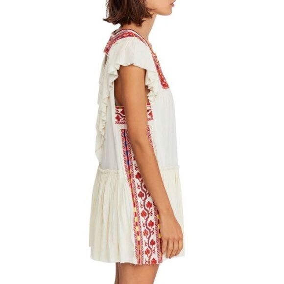 Free People Embroidered Day Glow Mini Open Back Ruffle Peasant Boho Dress - Picture 4 of 12